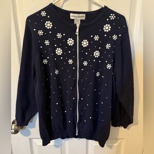 Cathy Daniels Women's Cardigan Sweater Blue X-Large Zip Up  3/4 Sleeves Cotton